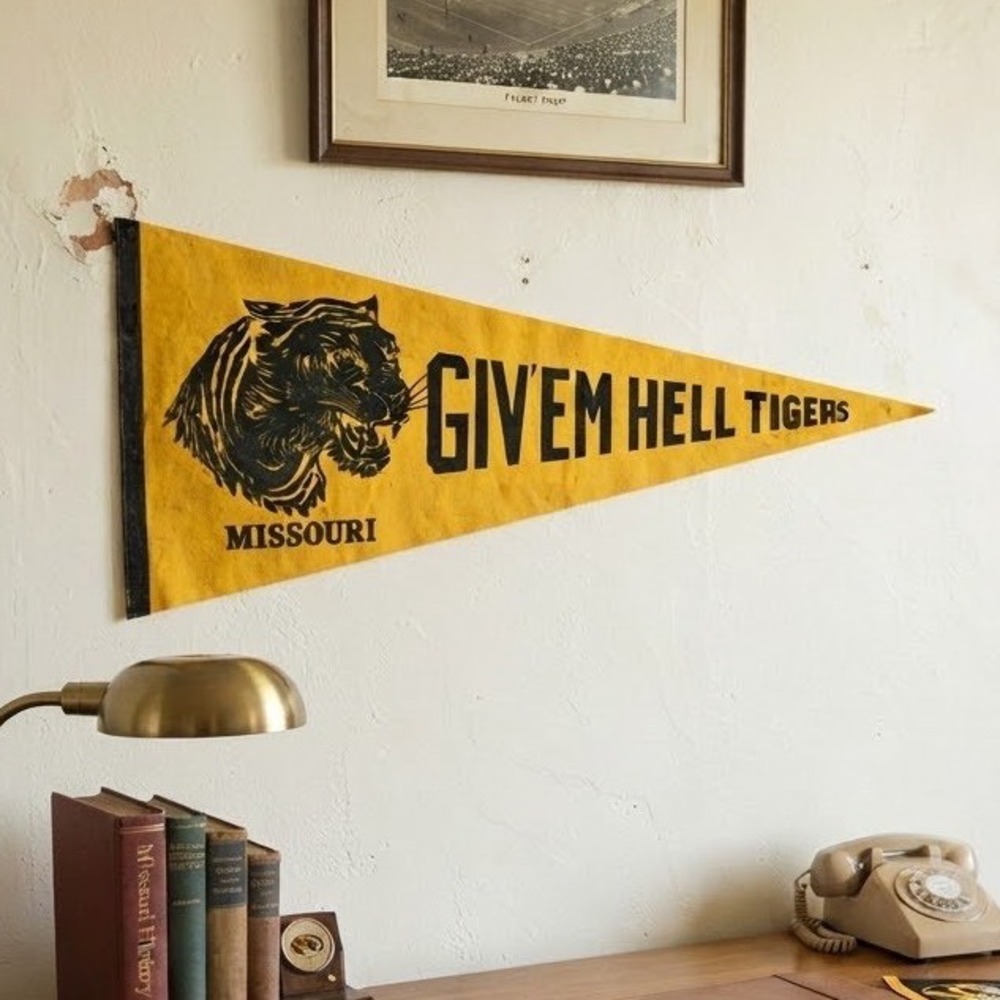 Vintage Missouri Tigers Give Em Hell Mizzou Felt Pennant Yellow Black 30 Inch
